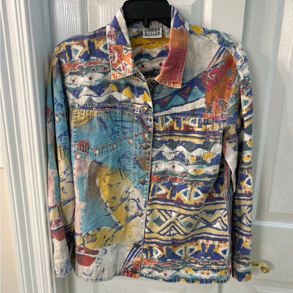 Chicos Linen Cotton Aztec Southwestern Print Jacket SZ 1/M - Picture 1 of 6